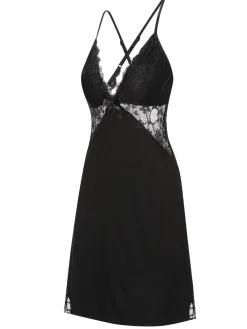 Fashion Retro Stage 1970s Lace Patchwork Spaghetti Straps Nightgown Black