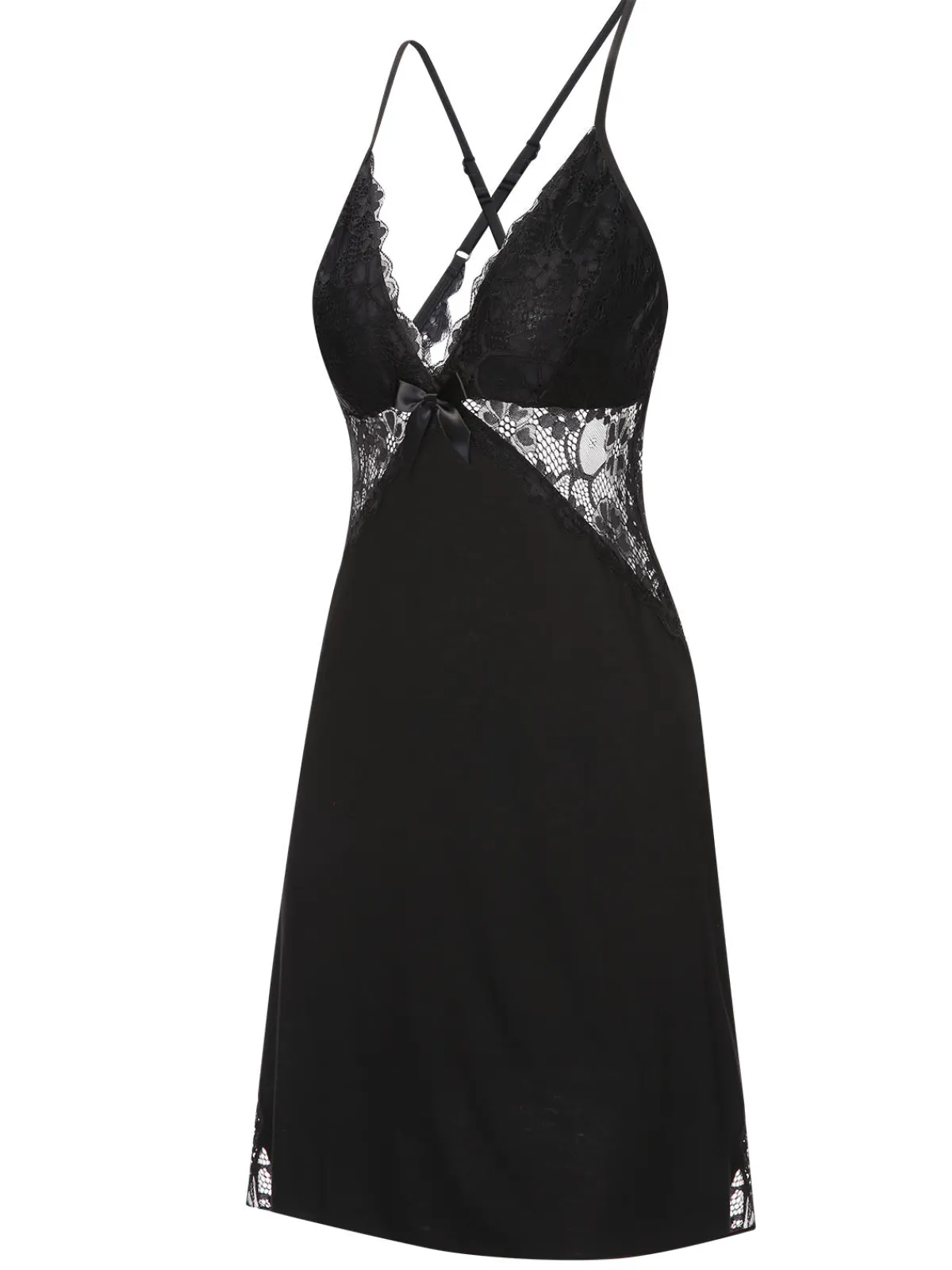 Fashion Retro Stage 1970s Lace Patchwork Spaghetti Straps Nightgown Black