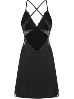 Fashion Retro Stage 1970s Lace Patchwork Spaghetti Straps Nightgown Black