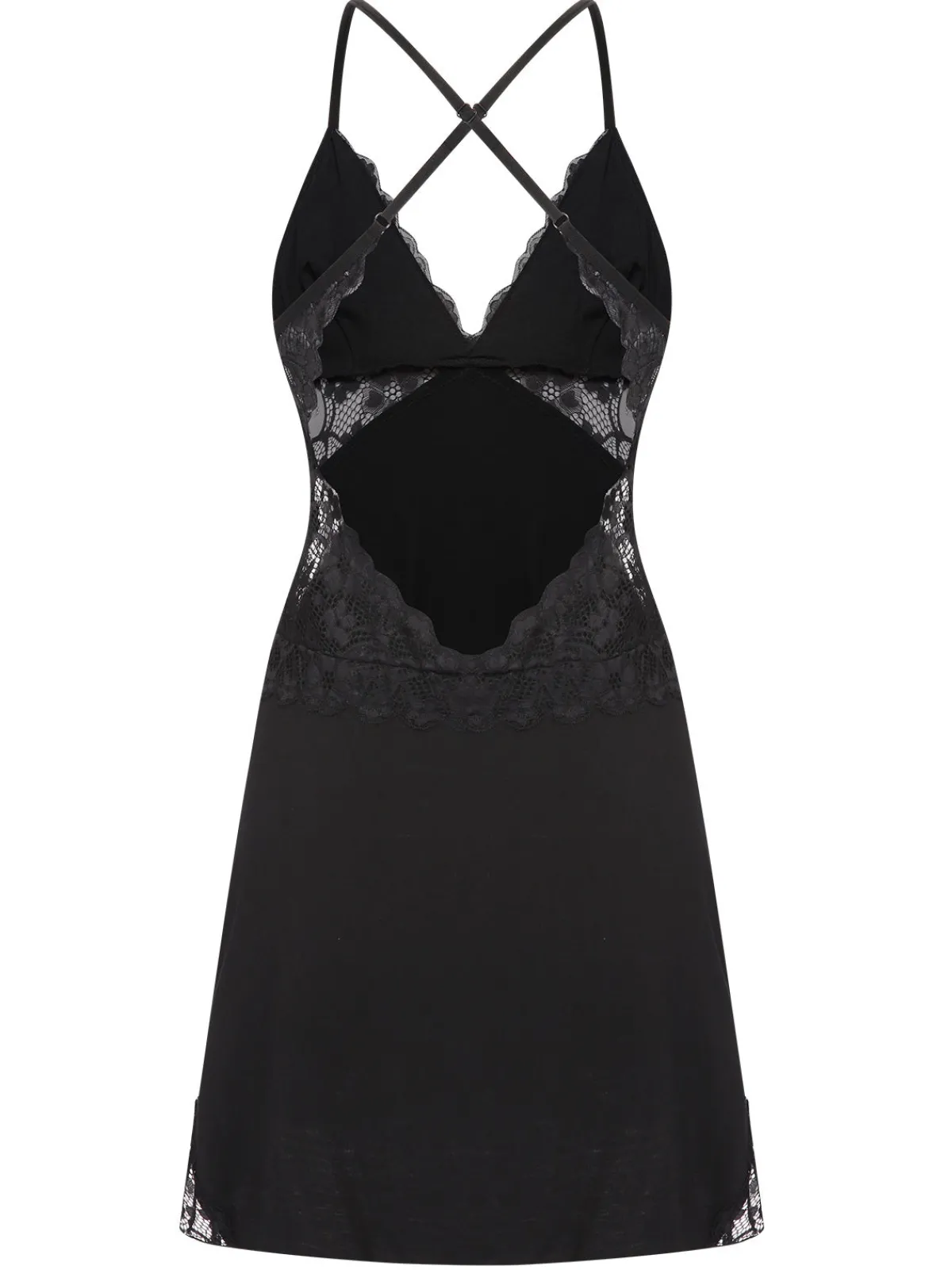 Fashion Retro Stage 1970s Lace Patchwork Spaghetti Straps Nightgown Black