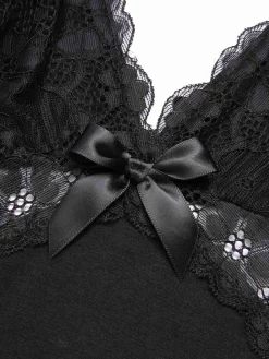 Fashion Retro Stage 1970s Lace Patchwork Spaghetti Straps Nightgown Black