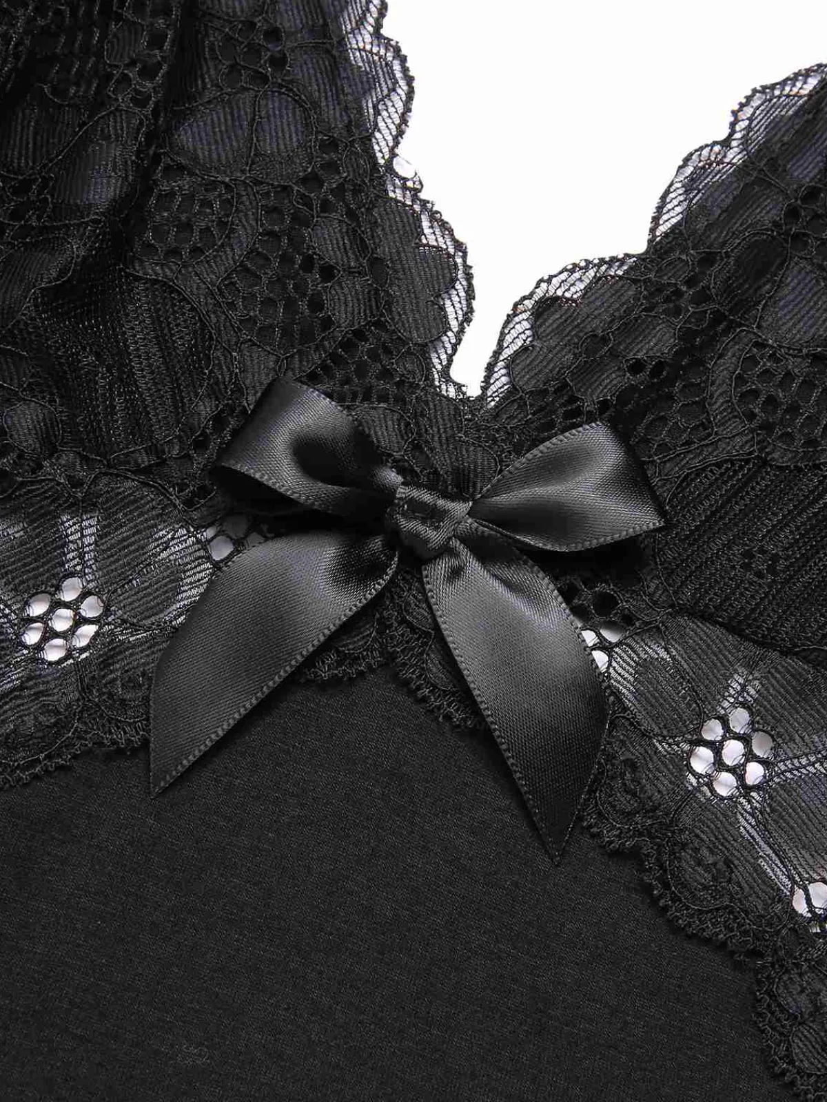 Fashion Retro Stage 1970s Lace Patchwork Spaghetti Straps Nightgown Black