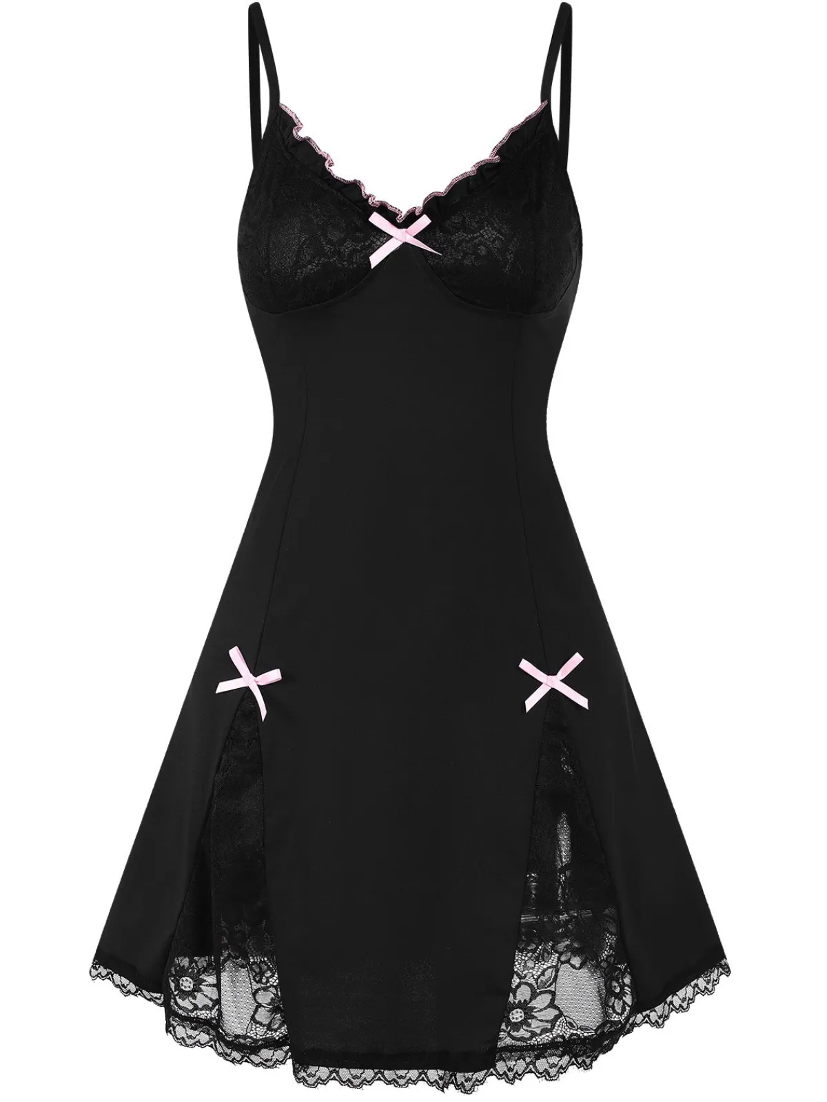 Sale Retro Stage 1970s Lace Patchwork Straps Nightgown Black