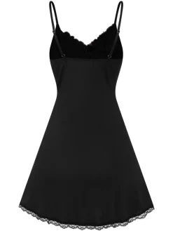 Sale Retro Stage 1970s Lace Patchwork Straps Nightgown Black