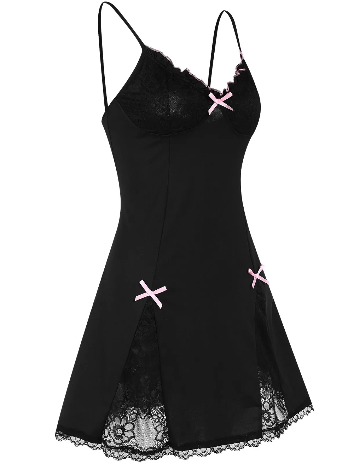 Sale Retro Stage 1970s Lace Patchwork Straps Nightgown Black
