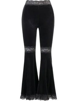 Fashion Retro Stage 1940s Lace Pathwork Velvet Bootcut Pants Black