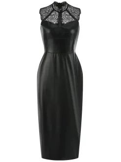 Sale Retro Stage 1960s Lace PU Leather Dress Black