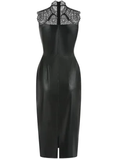 Sale Retro Stage 1960s Lace PU Leather Dress Black