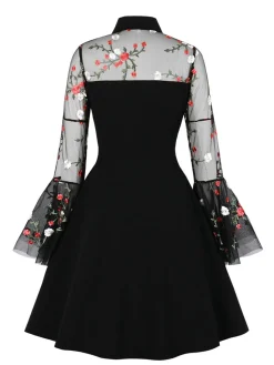 Hot Retro Stage 1950s Lace Ruffle Swing Dress Black