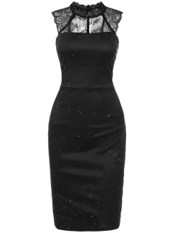 New Retro Stage 1960s Lace Sleeveless Bodycon Dress Black