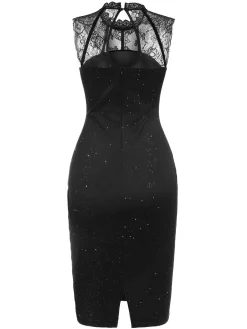 New Retro Stage 1960s Lace Sleeveless Bodycon Dress Black