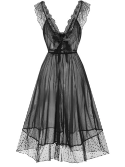 Online Retro Stage 1940s Lace Trim Dots Sheer Nightgown Black