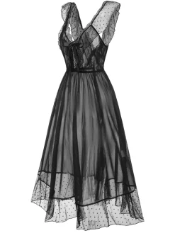 Online Retro Stage 1940s Lace Trim Dots Sheer Nightgown Black