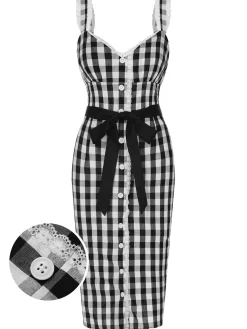 Fashion Retro Stage 1960s Lace Trim Gingham Bow Dress Black