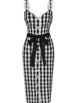 Fashion Retro Stage 1960s Lace Trim Gingham Bow Dress Black