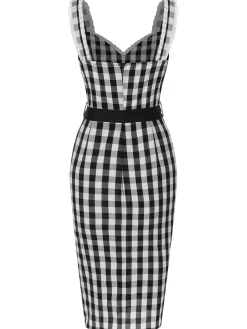 Fashion Retro Stage 1960s Lace Trim Gingham Bow Dress Black