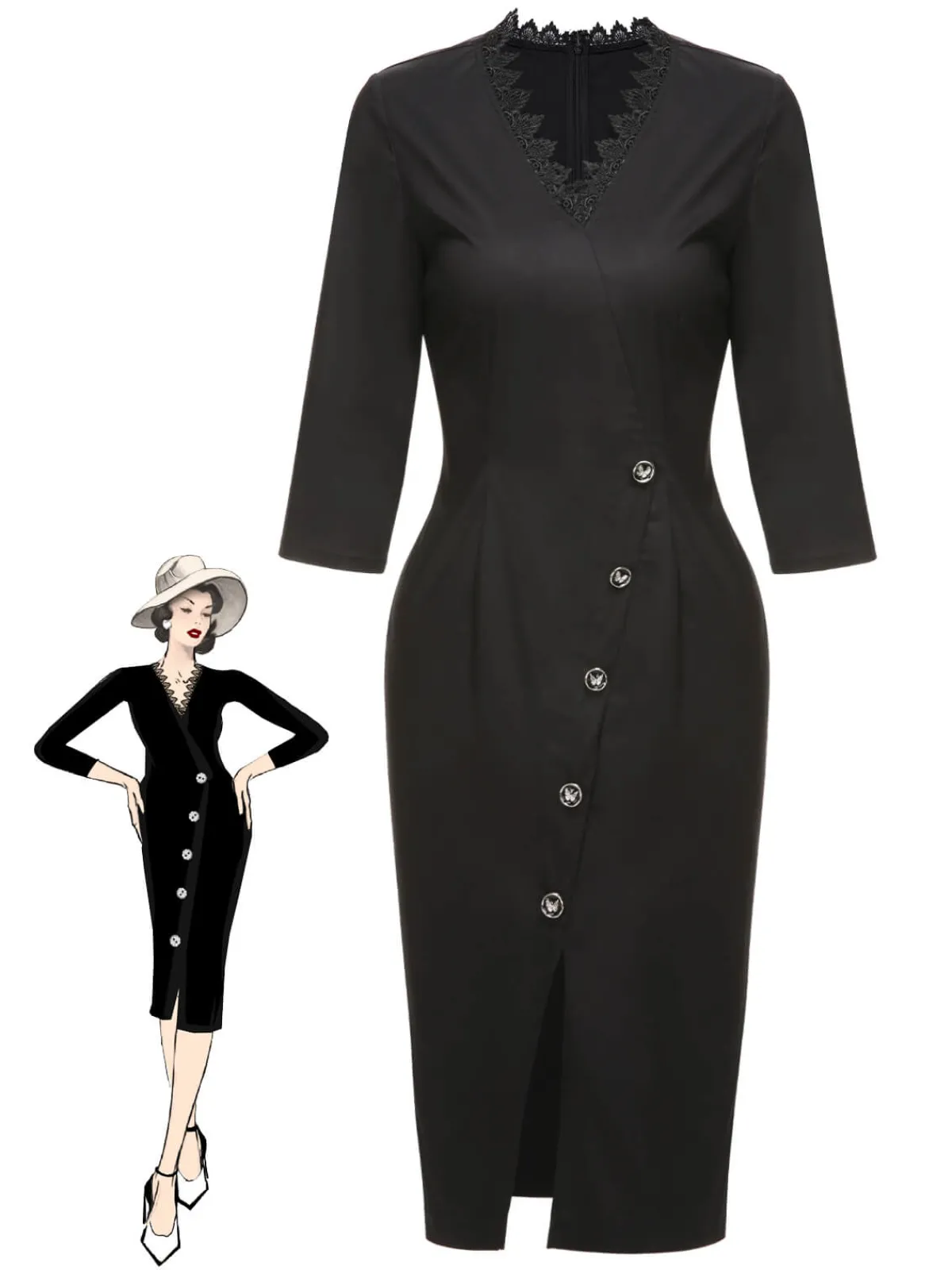Sale Retro Stage 1960s Lace Trim Neckline Pencil Dress Black