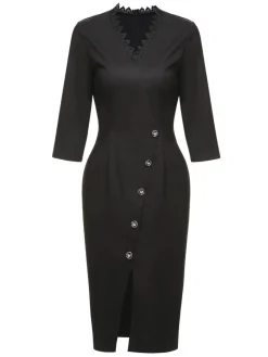 Sale Retro Stage 1960s Lace Trim Neckline Pencil Dress Black