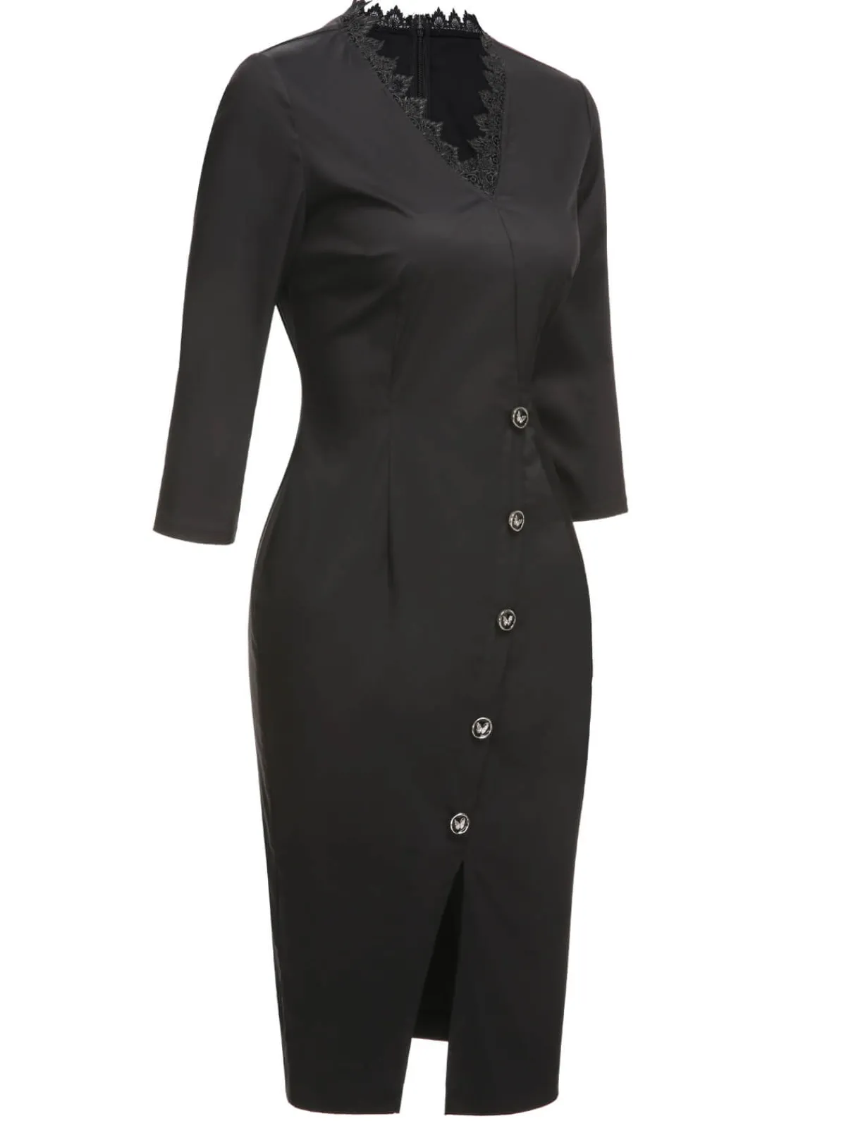 Sale Retro Stage 1960s Lace Trim Neckline Pencil Dress Black