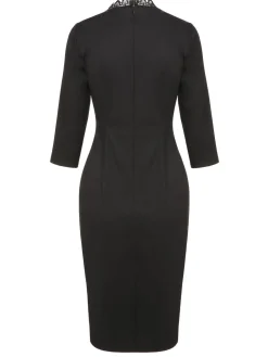 Sale Retro Stage 1960s Lace Trim Neckline Pencil Dress Black