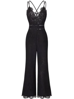Best Retro Stage 1970s Lace V-Neck Spaghetti Straps Jumpsuit Black