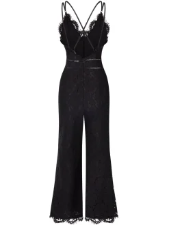 Best Retro Stage 1970s Lace V-Neck Spaghetti Straps Jumpsuit Black