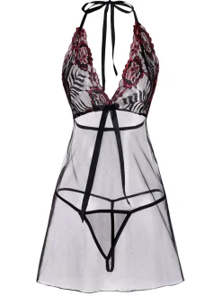 Fashion Retro Stage 1950s Lace-Up Halter Embroidered Sheer Nightdress Black