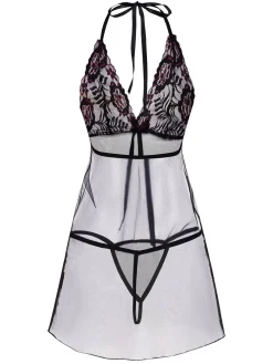 Fashion Retro Stage 1950s Lace-Up Halter Embroidered Sheer Nightdress Black