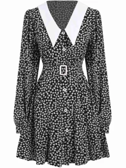 New Retro Stage 1950s Lapel Lantern Sleeves Ditsy Floral Dress Black