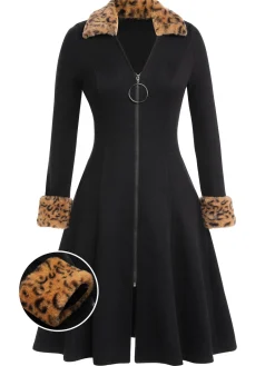 Clearance Retro Stage 1950s Lapel Leopard Patchwork Dress Black