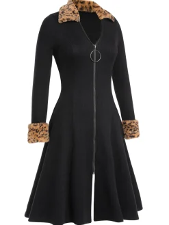Clearance Retro Stage 1950s Lapel Leopard Patchwork Dress Black