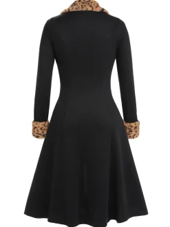 Clearance Retro Stage 1950s Lapel Leopard Patchwork Dress Black