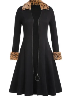 Clearance Retro Stage 1950s Lapel Leopard Patchwork Dress Black