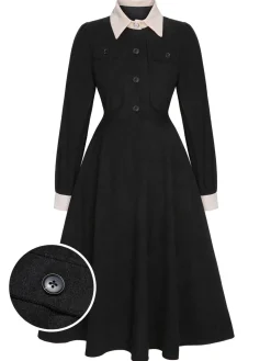 Discount Retro Stage 1950s Lapel Patchwork Button Dress Black