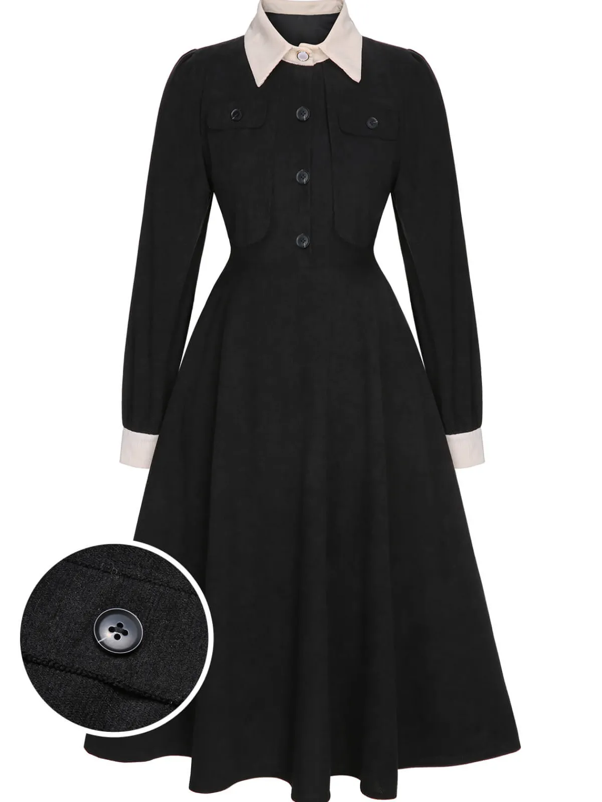 Discount Retro Stage 1950s Lapel Patchwork Button Dress Black