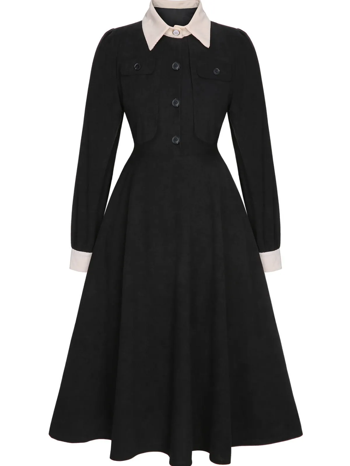 Discount Retro Stage 1950s Lapel Patchwork Button Dress Black