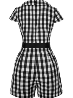 Clearance Retro Stage Black 1940s Lapel Plaids Belted Romper