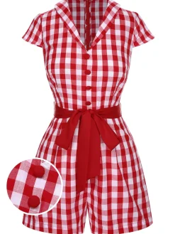 Clearance Retro Stage Black 1940s Lapel Plaids Belted Romper