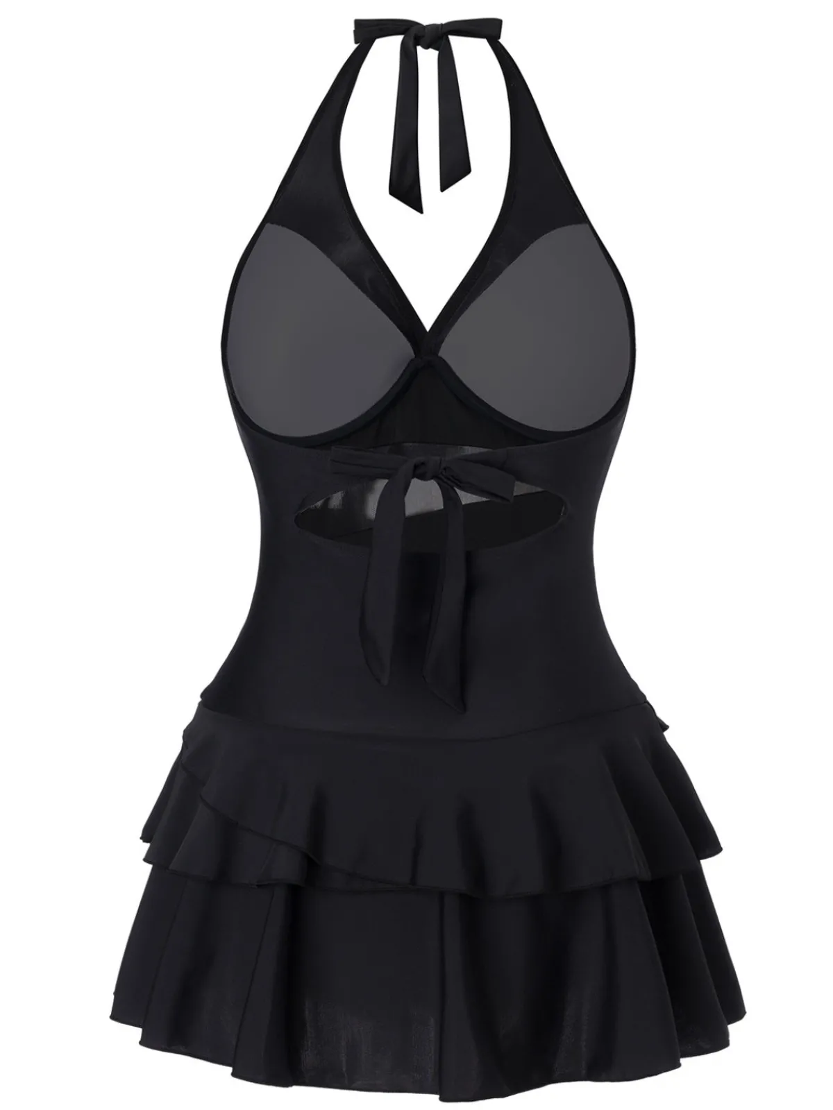Outlet Retro Stage 1940s Layered Hem Halter Swimdress Black