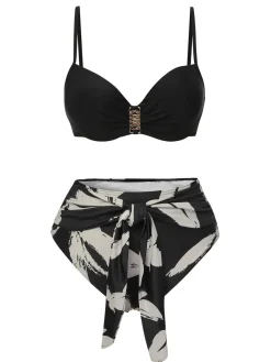 Fashion Retro Stage 1970s Leaves Strap Bikini & Long Cover-Up Black
