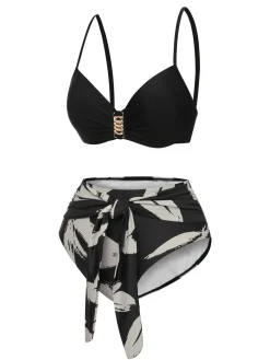 Fashion Retro Stage 1970s Leaves Strap Bikini & Long Cover-Up Black