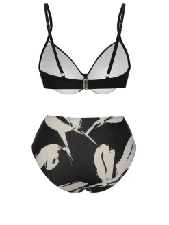 Fashion Retro Stage 1970s Leaves Strap Bikini & Long Cover-Up Black