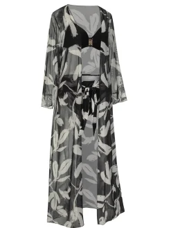 Fashion Retro Stage 1970s Leaves Strap Bikini & Long Cover-Up Black