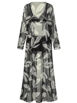 Fashion Retro Stage 1970s Leaves Strap Bikini & Long Cover-Up Black