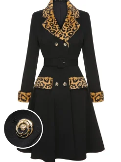 Online Retro Stage 1950s Leopard Lapel Pocket Coat Black