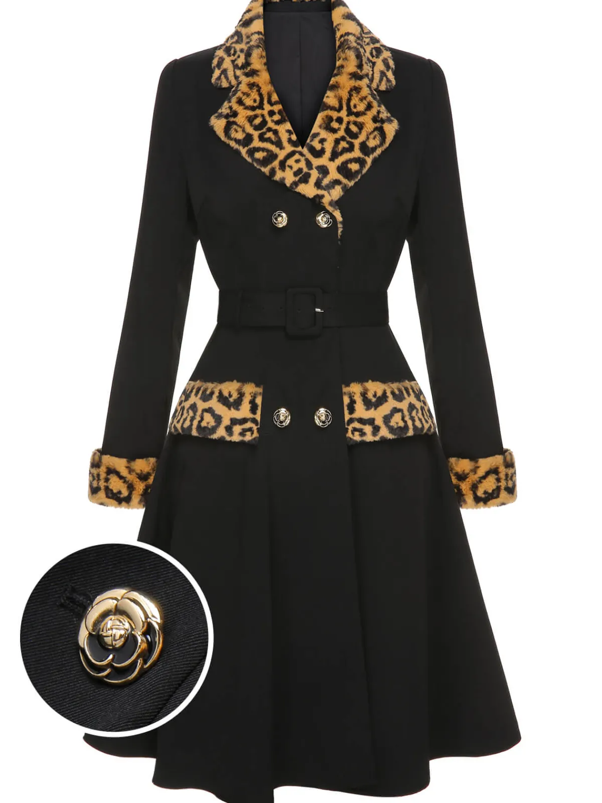 Online Retro Stage 1950s Leopard Lapel Pocket Coat Black