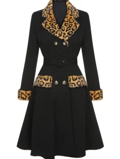 Online Retro Stage 1950s Leopard Lapel Pocket Coat Black