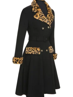 Online Retro Stage 1950s Leopard Lapel Pocket Coat Black