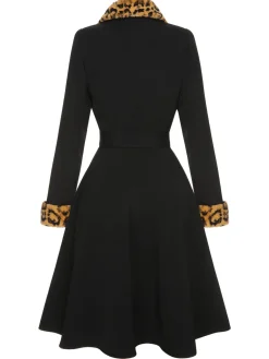 Online Retro Stage 1950s Leopard Lapel Pocket Coat Black