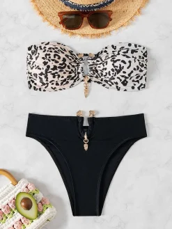 New Retro Stage 1970s Leopard Metal Button Strapless Swimsuit Black
